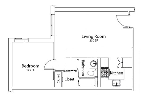 Floor plan for 1 bed, 1 bath, 512 sqft